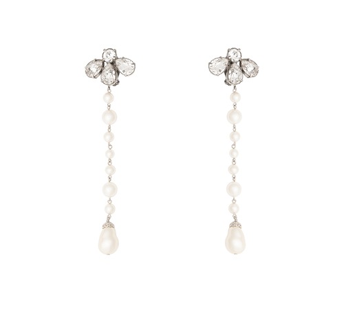 Brass Boucles D’Oreille Trefle Brooches in Swarovski White Pearl and Strass with clip ons from Balenciaga